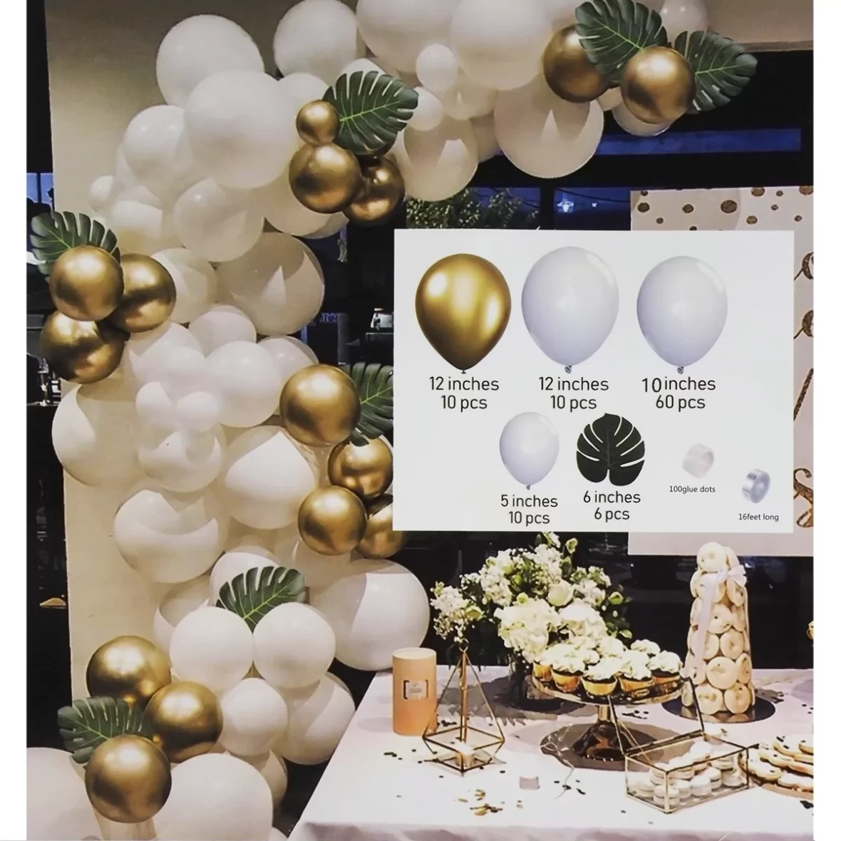 1164-arcada-baloane-alb-auriu-cu-frunze-decorative-1