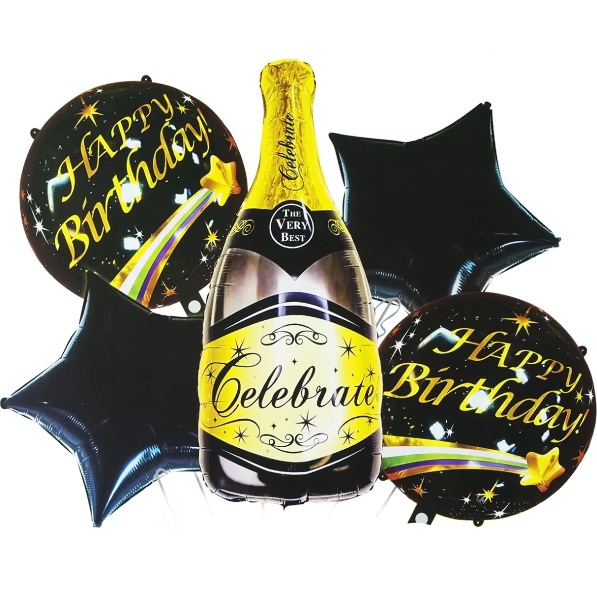 Set 5 baloane folie Happy Birthday, cu Sticla Sampanie