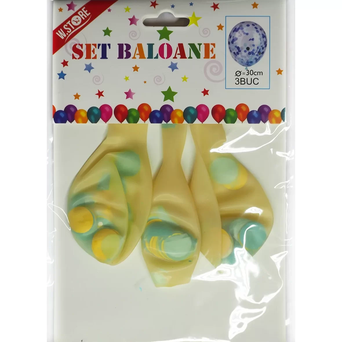 Set 3 baloane confetti turcoaz cu auriu, 30 cm
