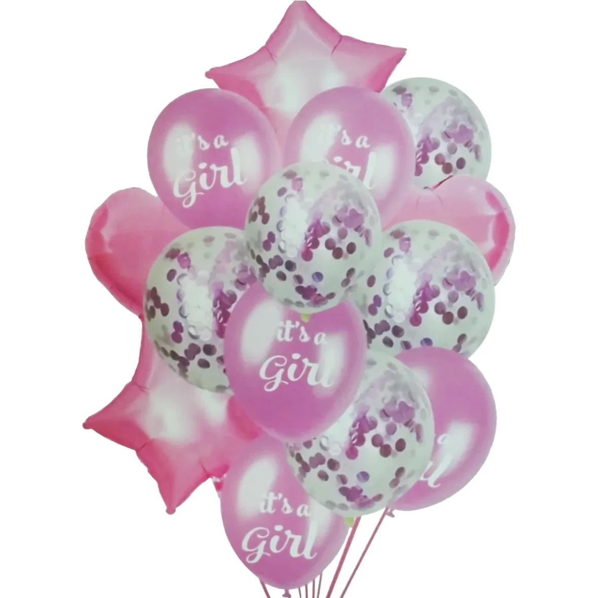 Set aranjament 14 baloane folie si latex, It’s a girl, roz