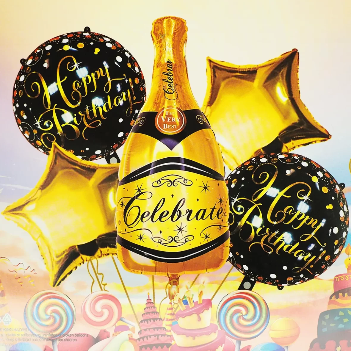 Set 5 baloane folie Happy Birthday, cu Sticla Sampanie, auriu