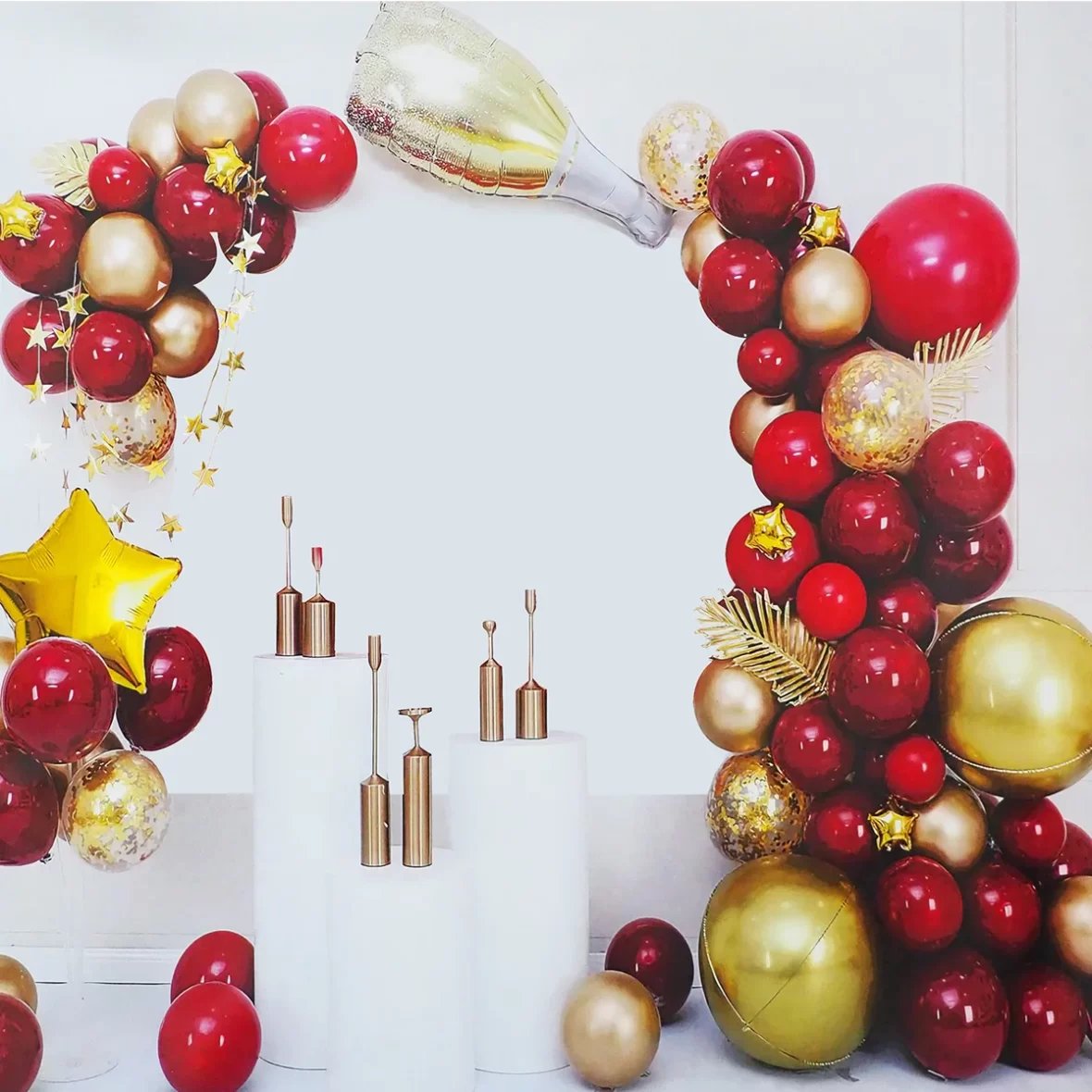 Set aranjament baloane, auriu-rosu, cu sticla si stelute