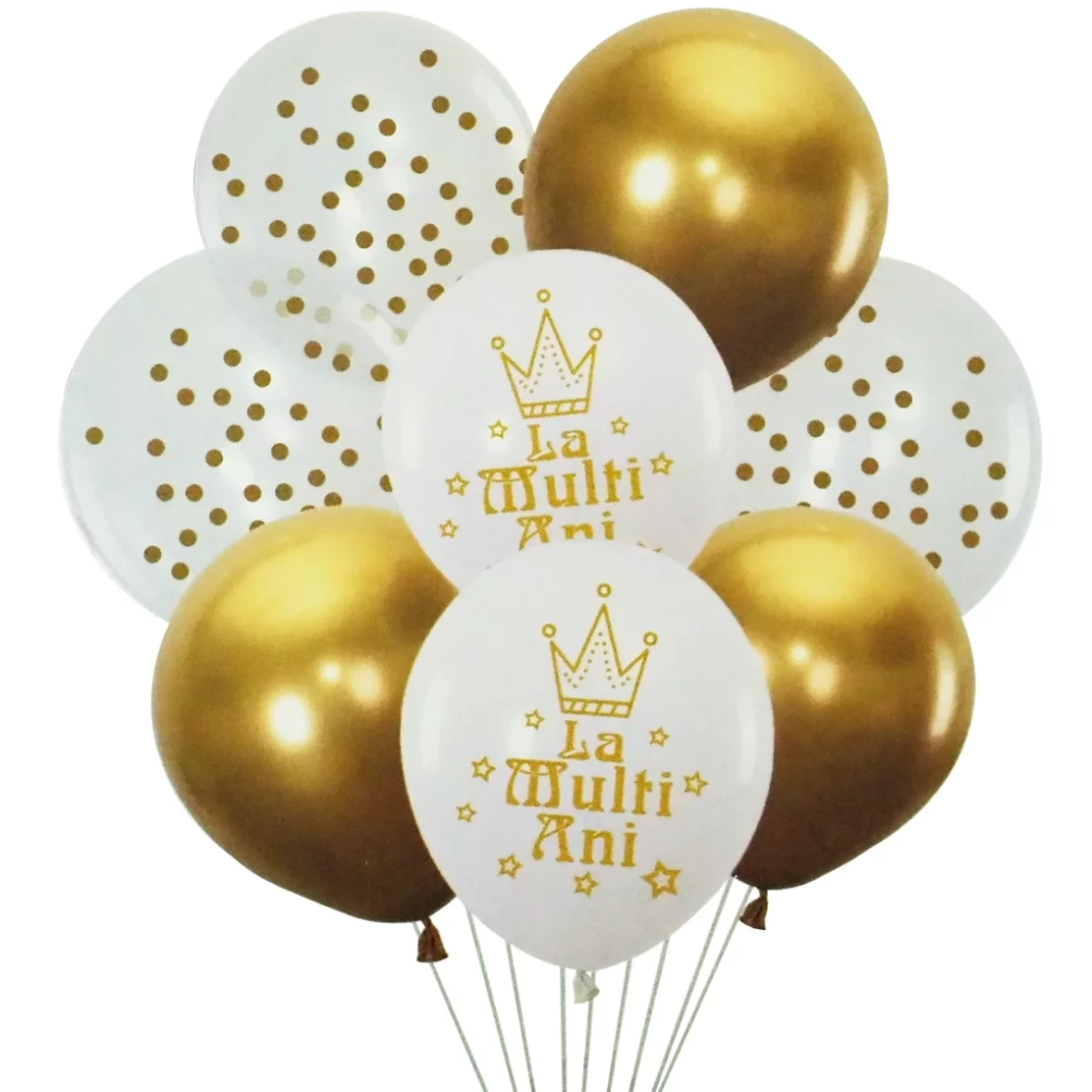 Set 8 baloane latex La multi ani, alb-auriu, 30 cm
