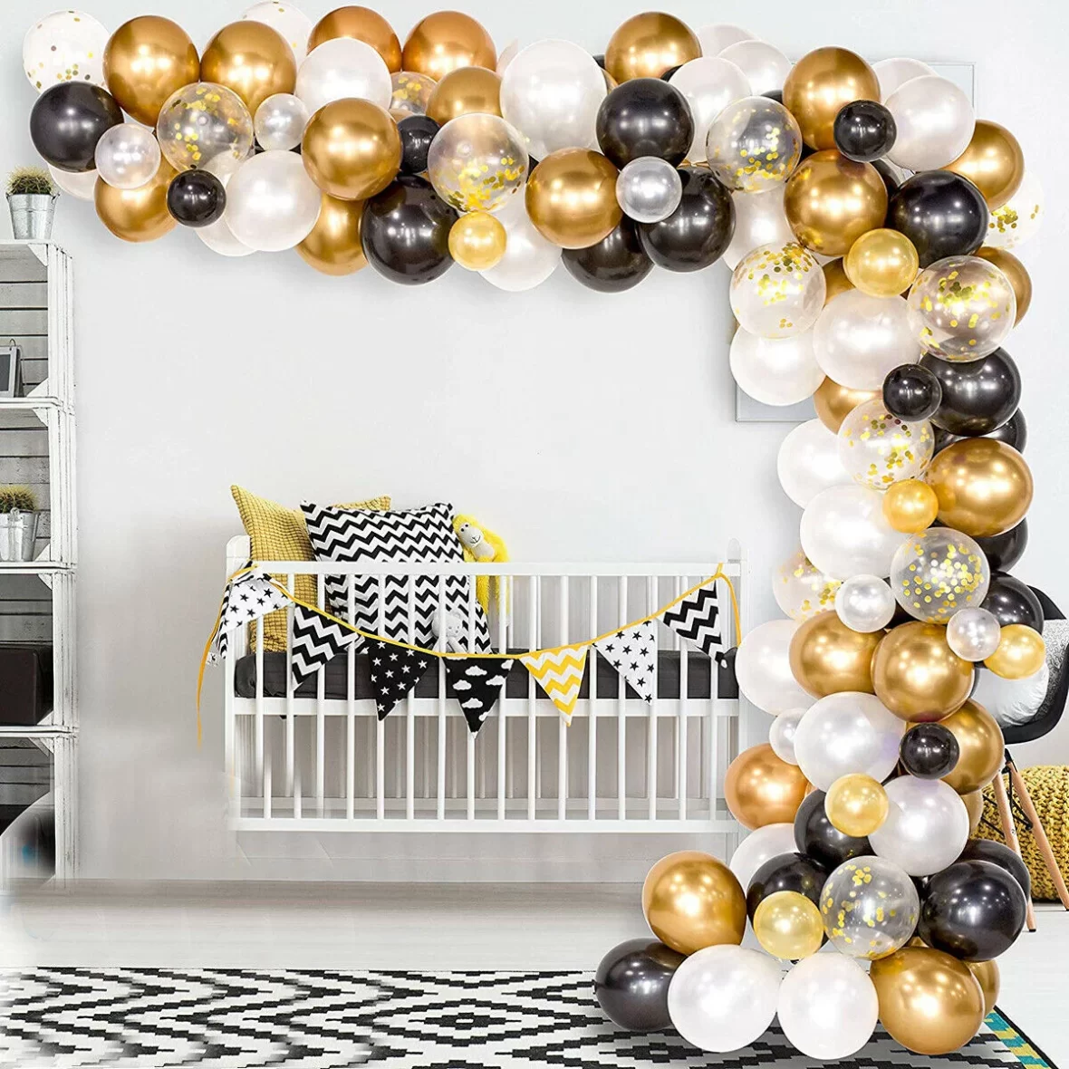 Set arcada baloane in culori auriu, negru, alb, cu baloane confetti si accesorii, 100 de baloane