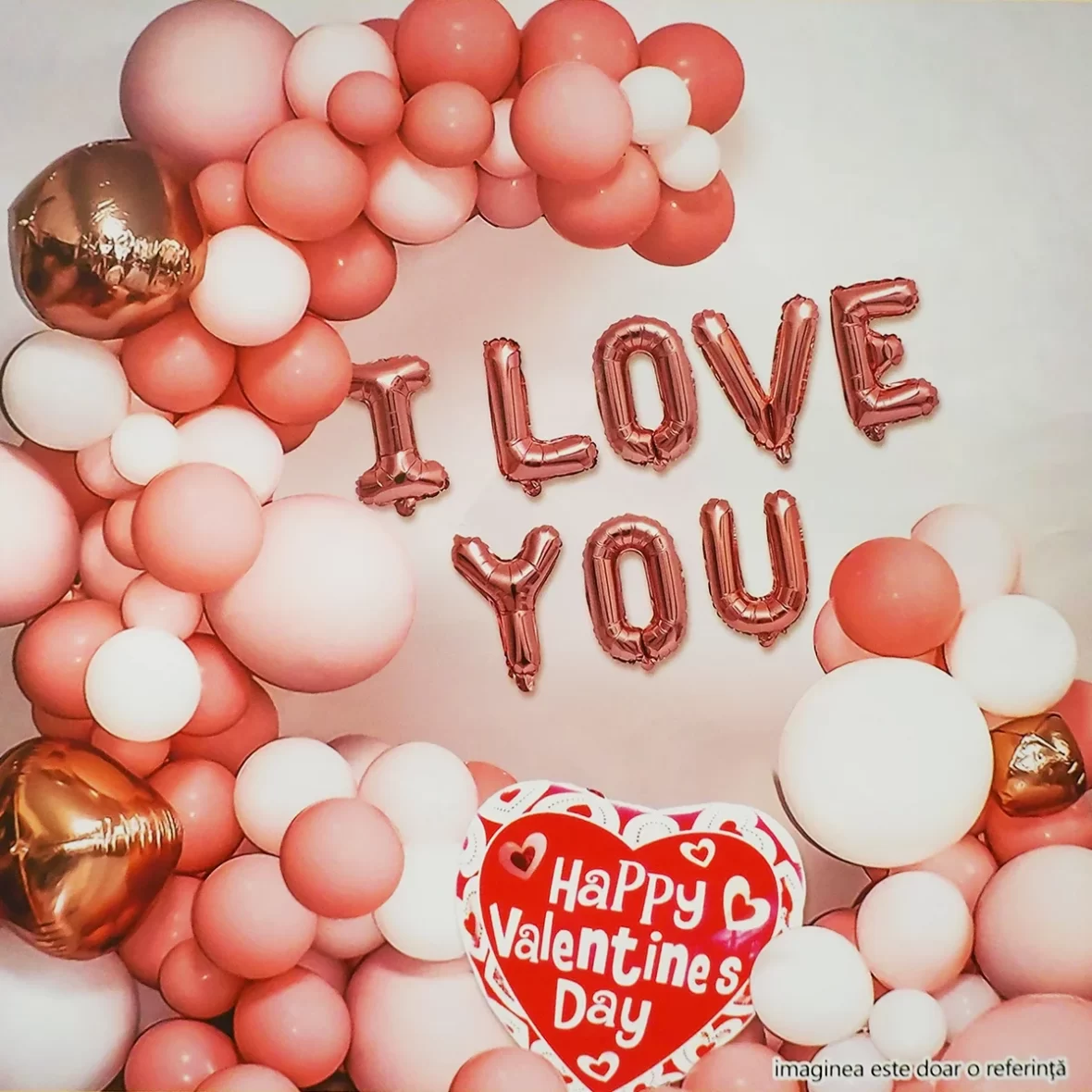 Set arcada baloane Valentine’s Day in 2 nuante de roz, cu baloane litere I Love You, baloane folie si accesorii