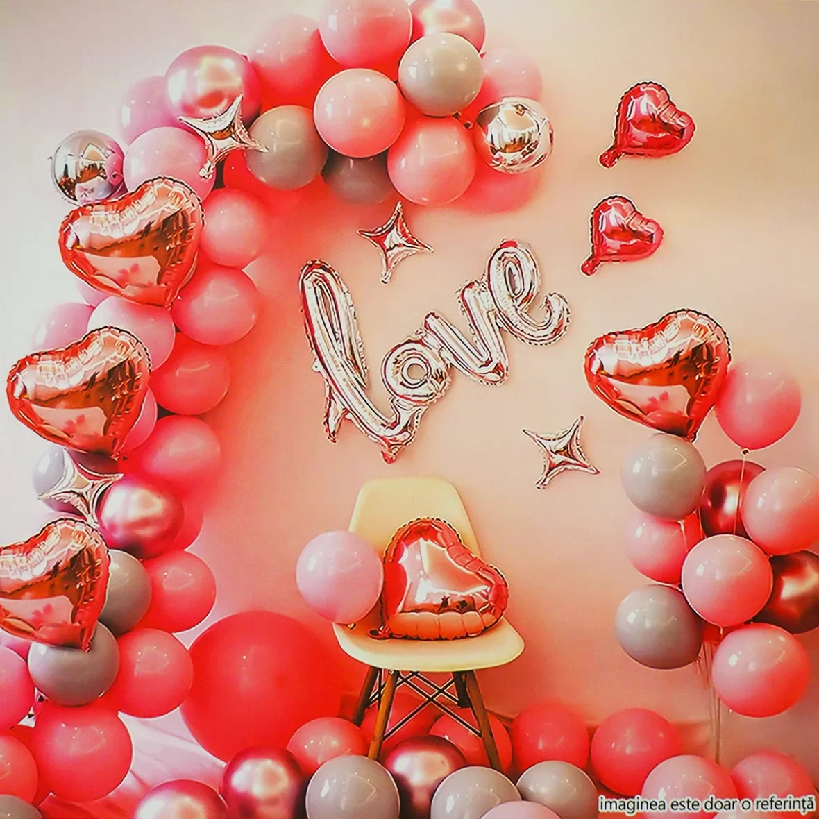 Set arcada baloane in nuante de roz, gri, banner litere Love, inimioare, stelute si accesorii