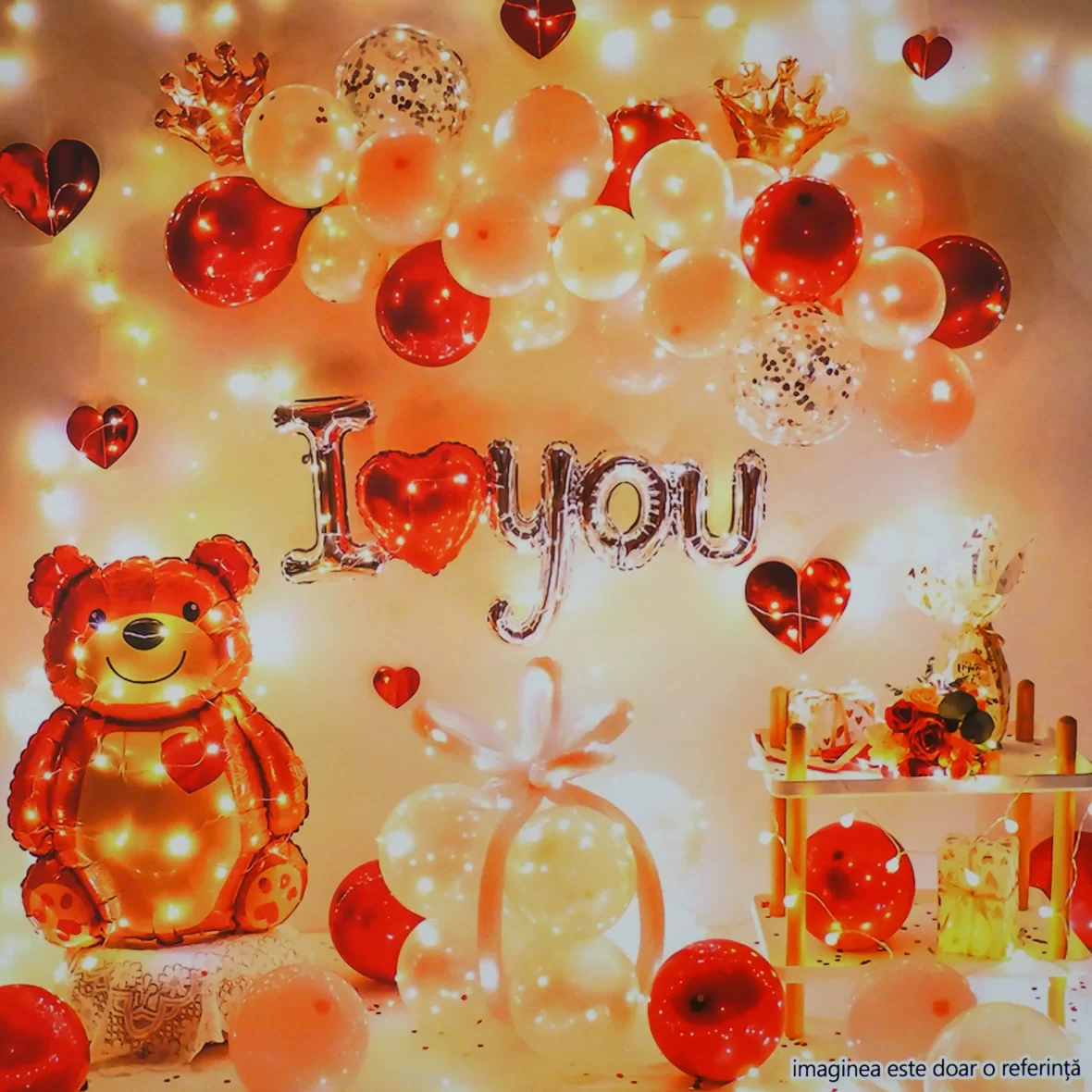 Set aranjament 56 baloane in nuante de rosu, roz, galben, cu ursulet si fir cu led