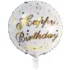 Balon folie model Happy Birthday alb cu scris auriu, rotund, 45 cm