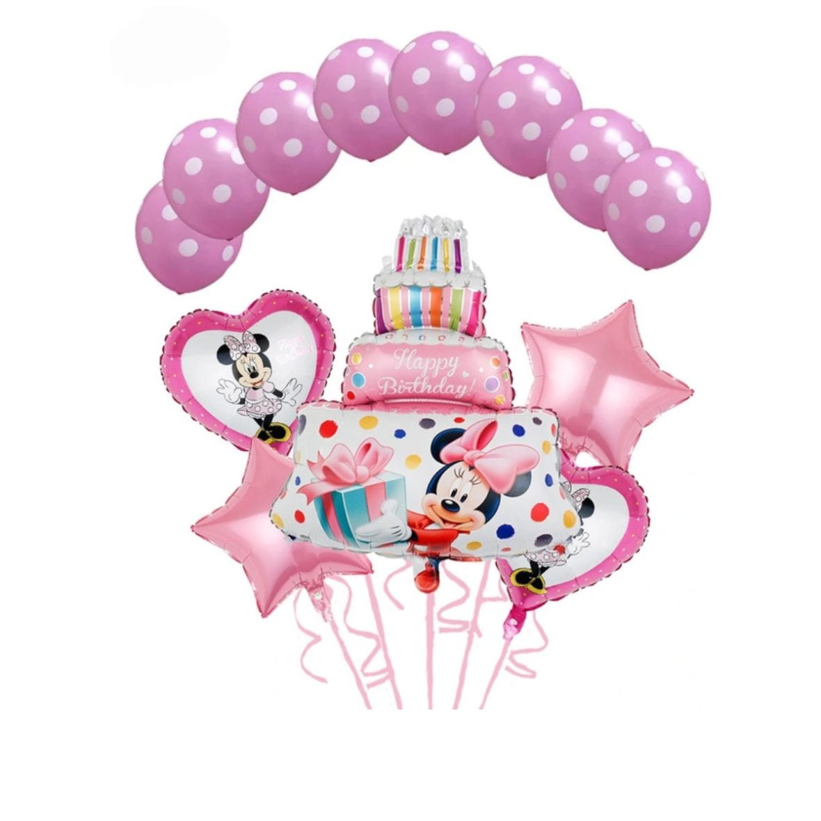 Set aranjament bundle 13 baloane folie si latex Tort Minnie Roz