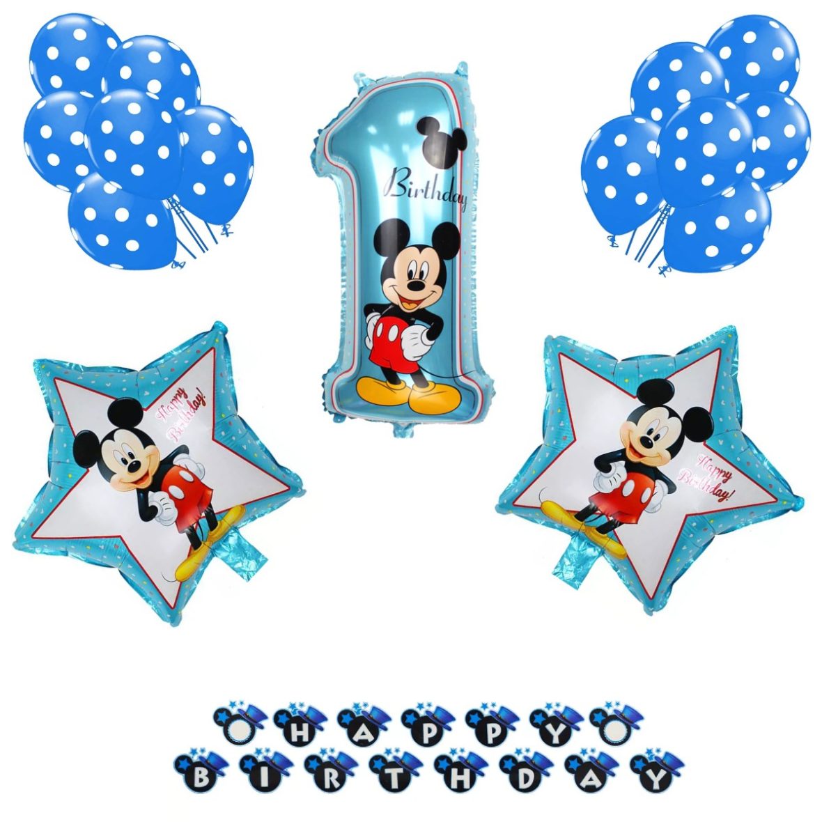 Set aranjament bundle Cifra 1 Mickey, baloane folie si latex si Ghirlanda Happy Birthday