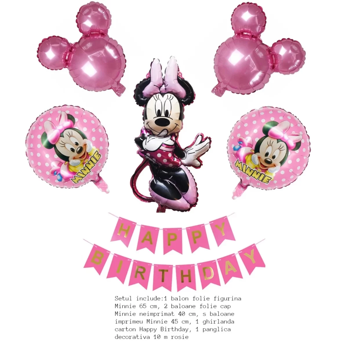 Set aranjament bundle 5 baloane folie Minnie cu ghirlanda Happy Birthday Roz