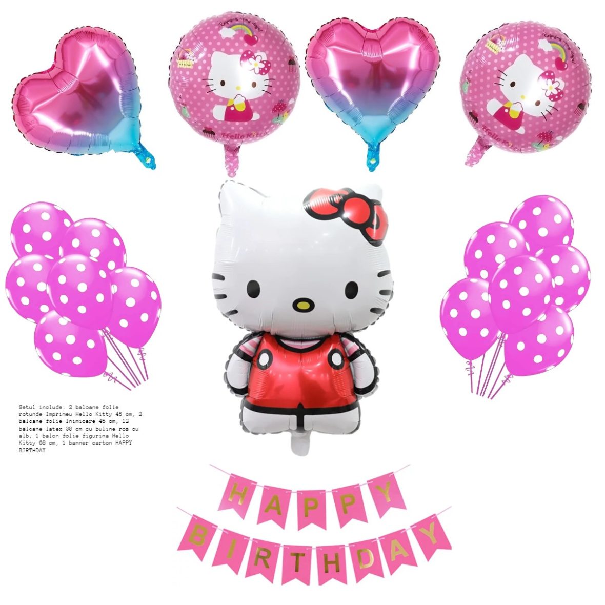 Set aranjament bundle 17 baloane, folie si latex, Hello Kitty cu Ghirlanda Happy Birthday