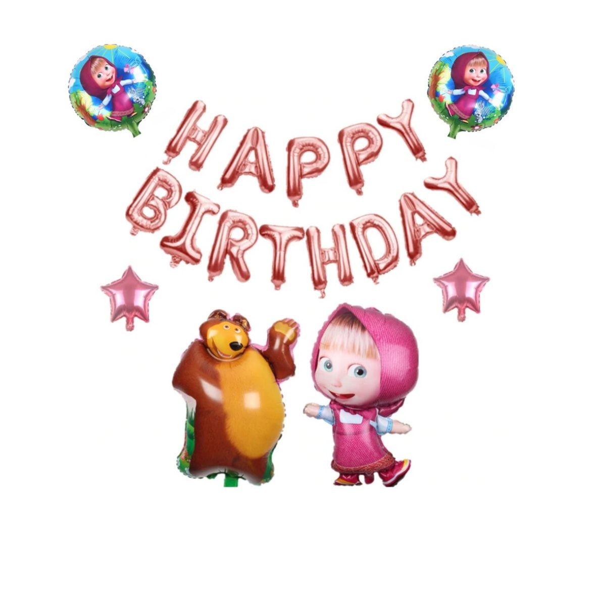 Set aranjament bundle 6 baloane Masha si Ursul cu Ghirlanda Happy Birthday