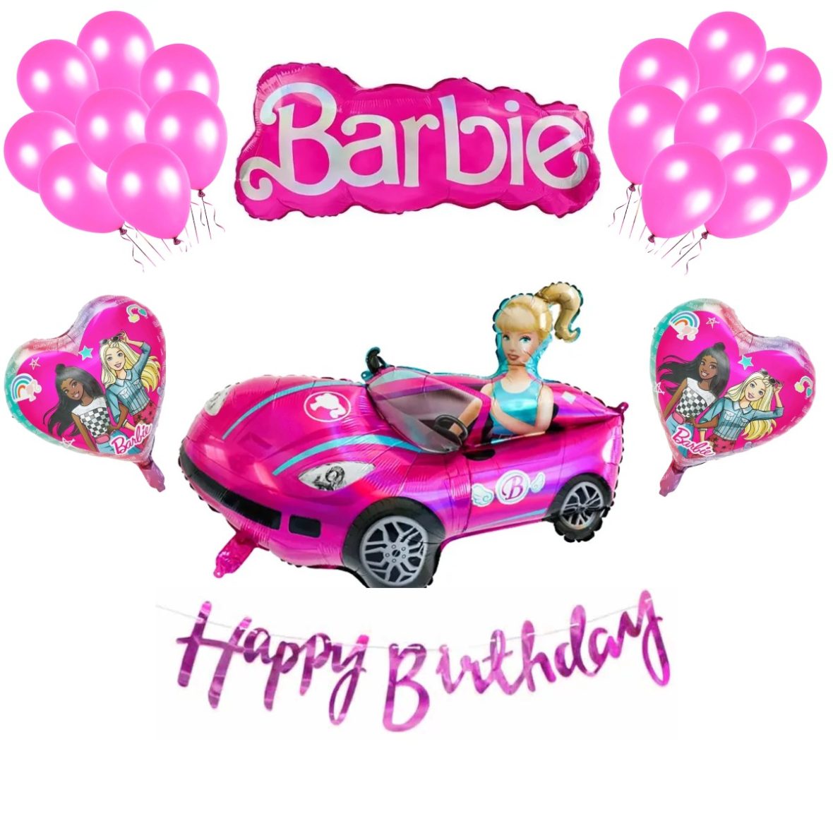 Set aranjament bundle 24 baloane Barbie folie si latex cu Ghirlanda Happy Birthday Roz