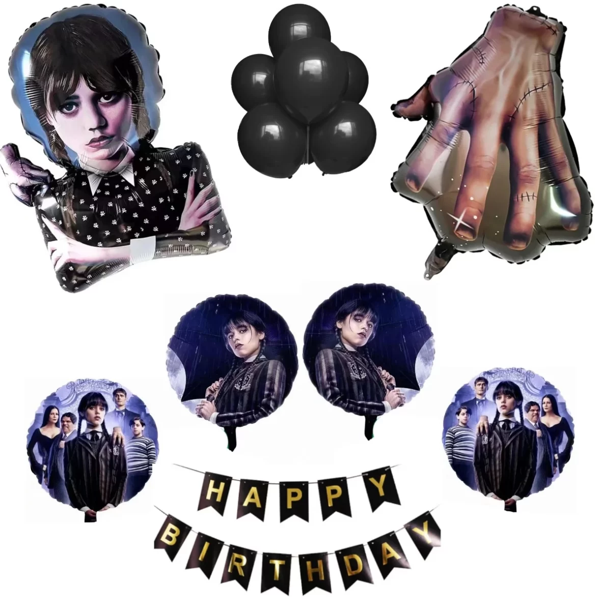 Set aranjament bundle 16 baloane folie si latex Wednesday cu Ghirlanda Happy Birthday