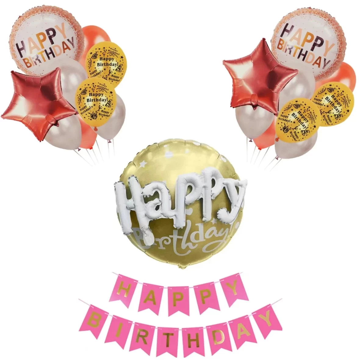 Set aranjament bundle 19 baloane folie si latex Happy Birthday cu ghirlanda