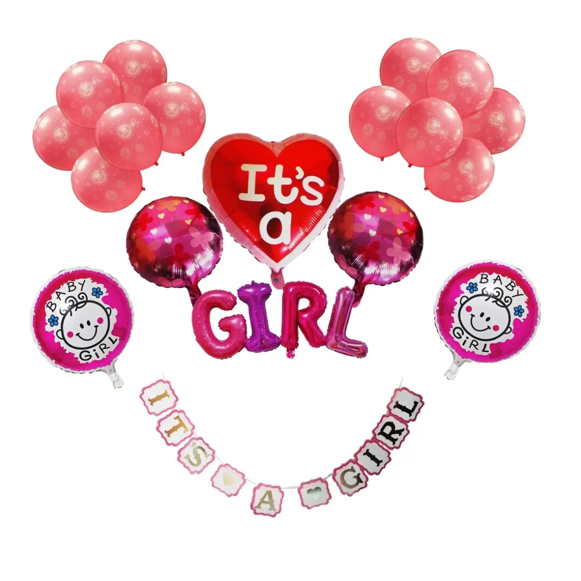 Set aranjament bundle 26 baloane folie si latex It’s a Girl cu Ghirlanda decorativa