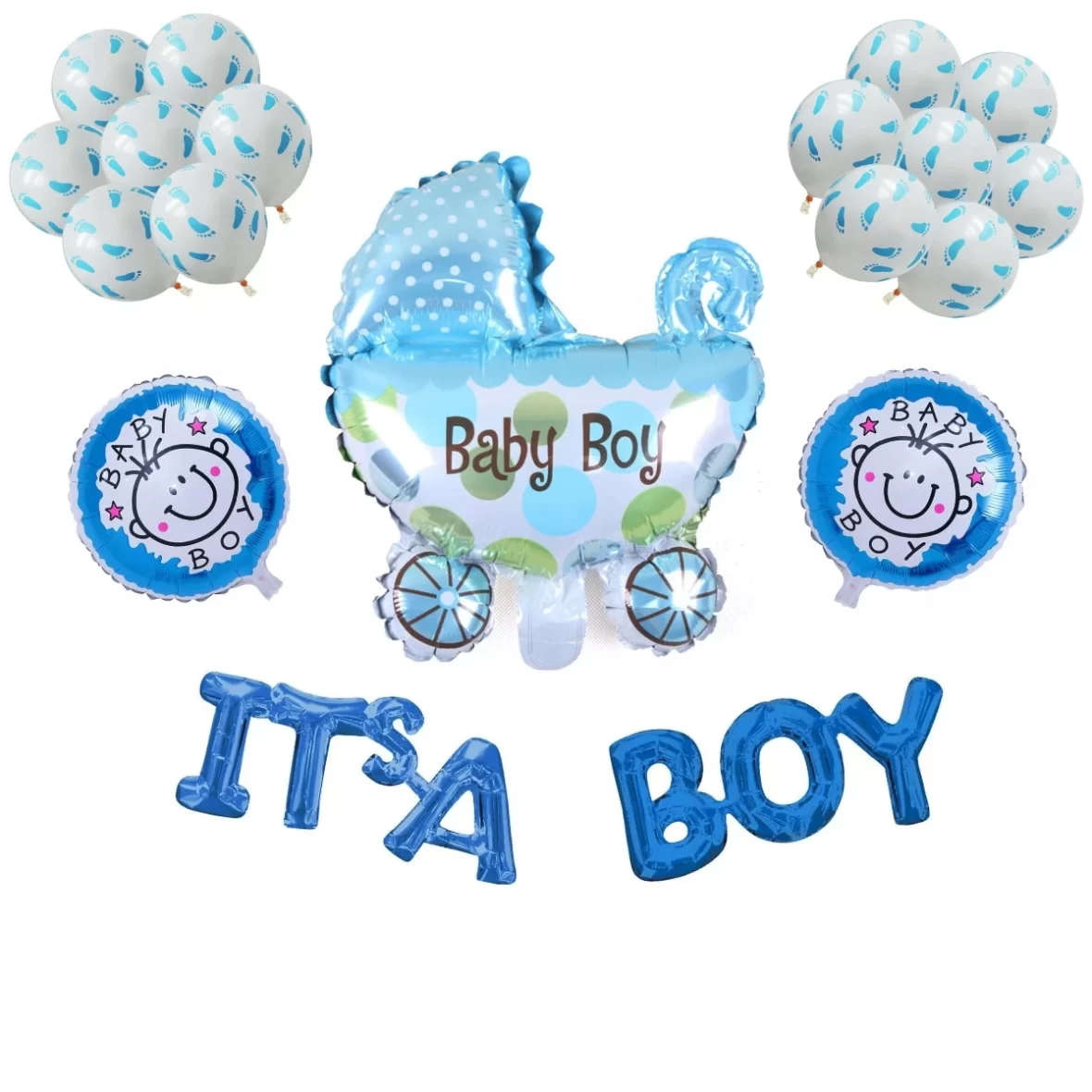 Set aranjament bundle 23 baloane folie si latex Baby Boy cu Ghirlanda litere It’s a Boy