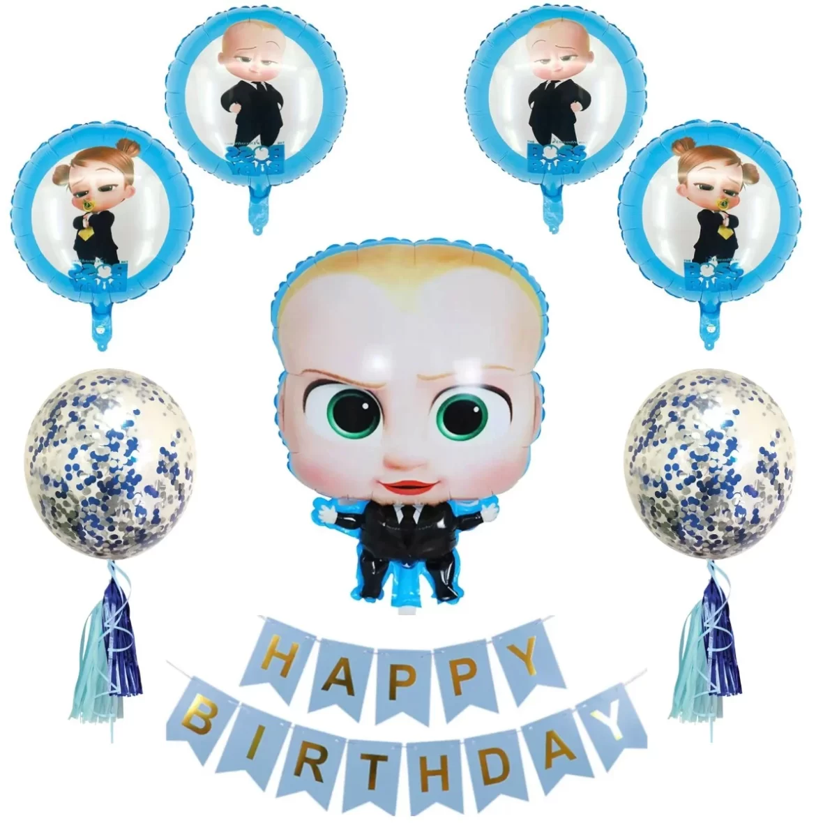 Set aranjament bundle 7 baloane folie si latex Baby Boss cu Ghirlanda decorativa Happy Birthday