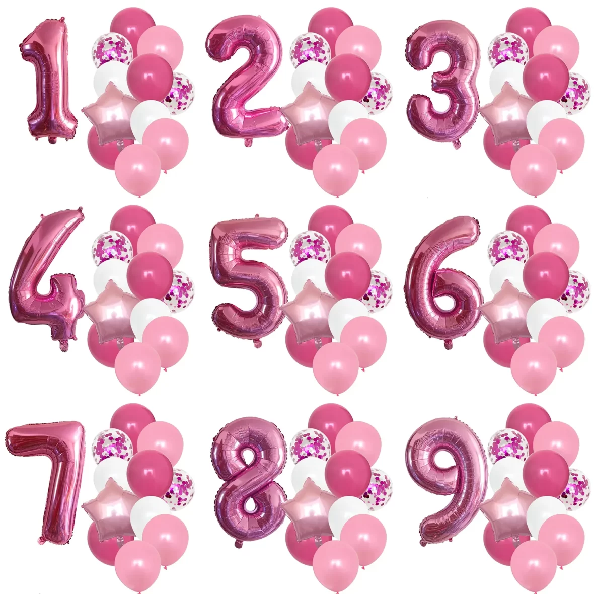 Set aranjament 12 baloane folie si latex, cu Cifra si steluta, roz, bundle