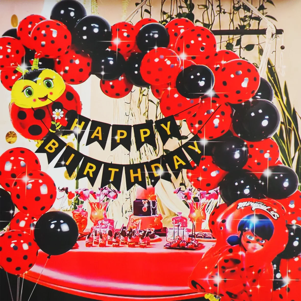 Set arcada cu 44 de baloane folie si latex, cu balon figurina Buburuza si ghirlanda Happy Birthday