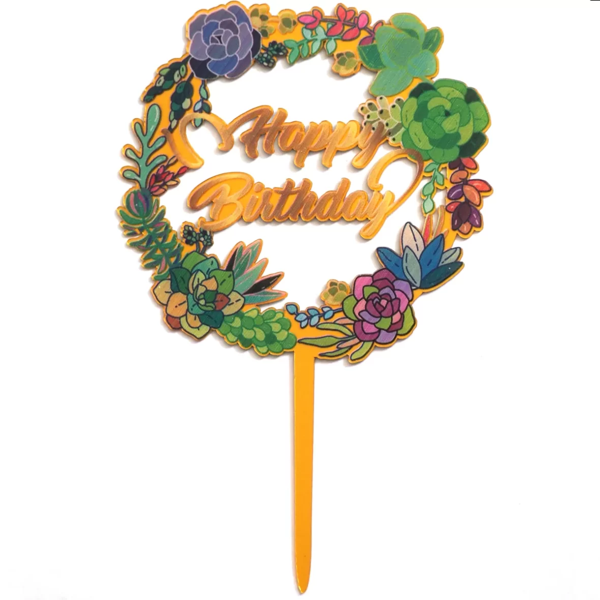 Topper Tort Happy Birthday cu flori verzi 16 cm