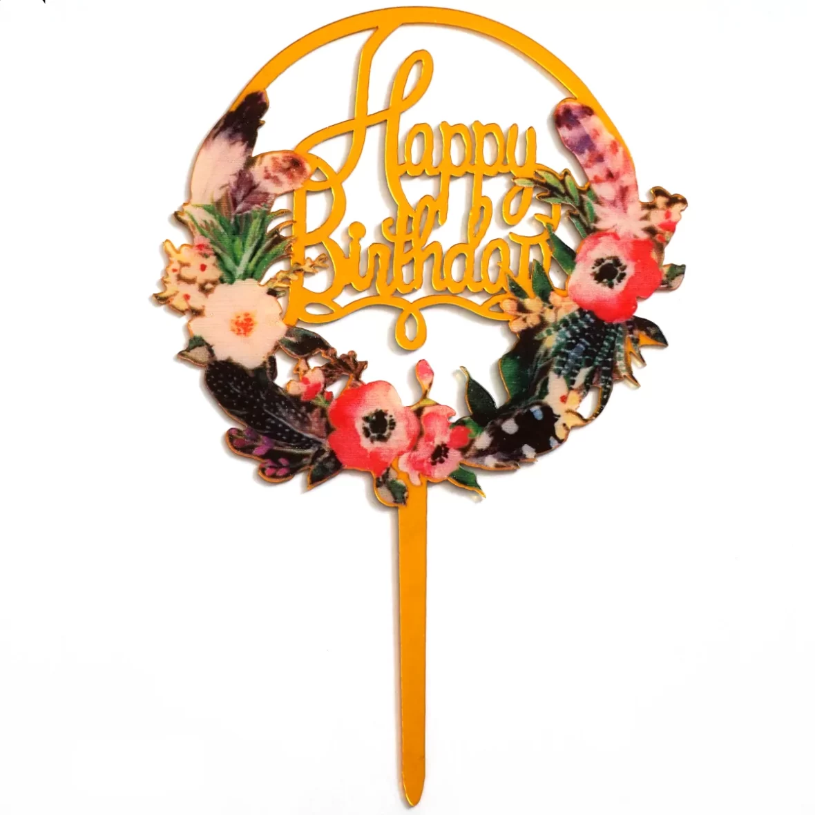 Topper Tort Happy Birthday cu flori multicolore 16 cm