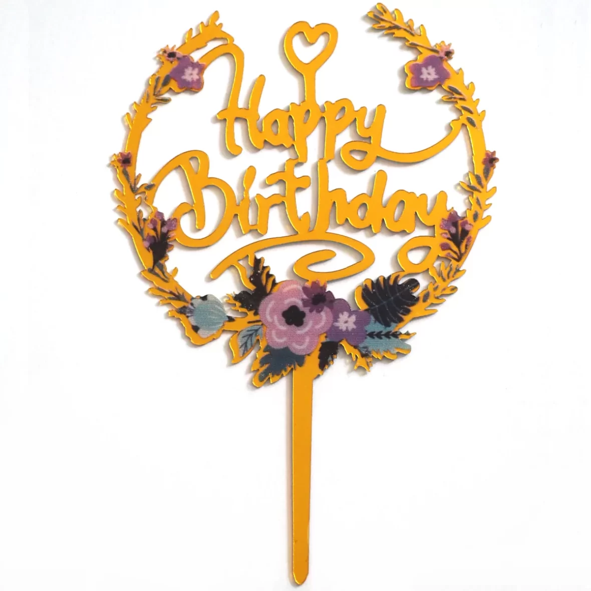 Topper Tort Happy Birthday cu flori mov 15 cm
