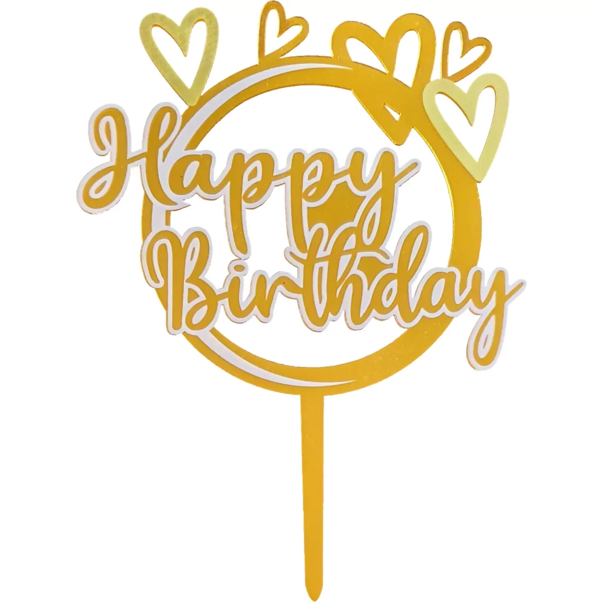 Topper tort Happy Birthday Auriu cu inimioare 16 cm